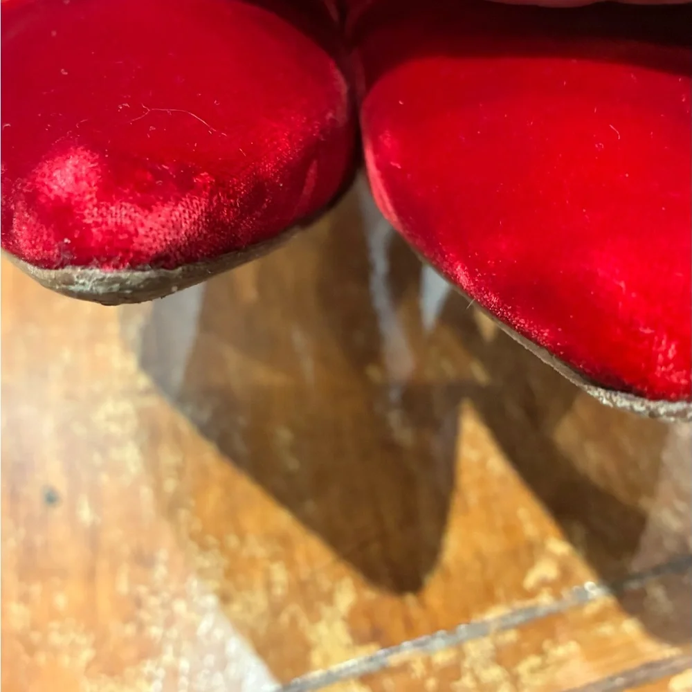 Manolo Blahnik Red Velvet Pointed-Toe Flats with Black Lace-Up Trim - Picture 5 of 8